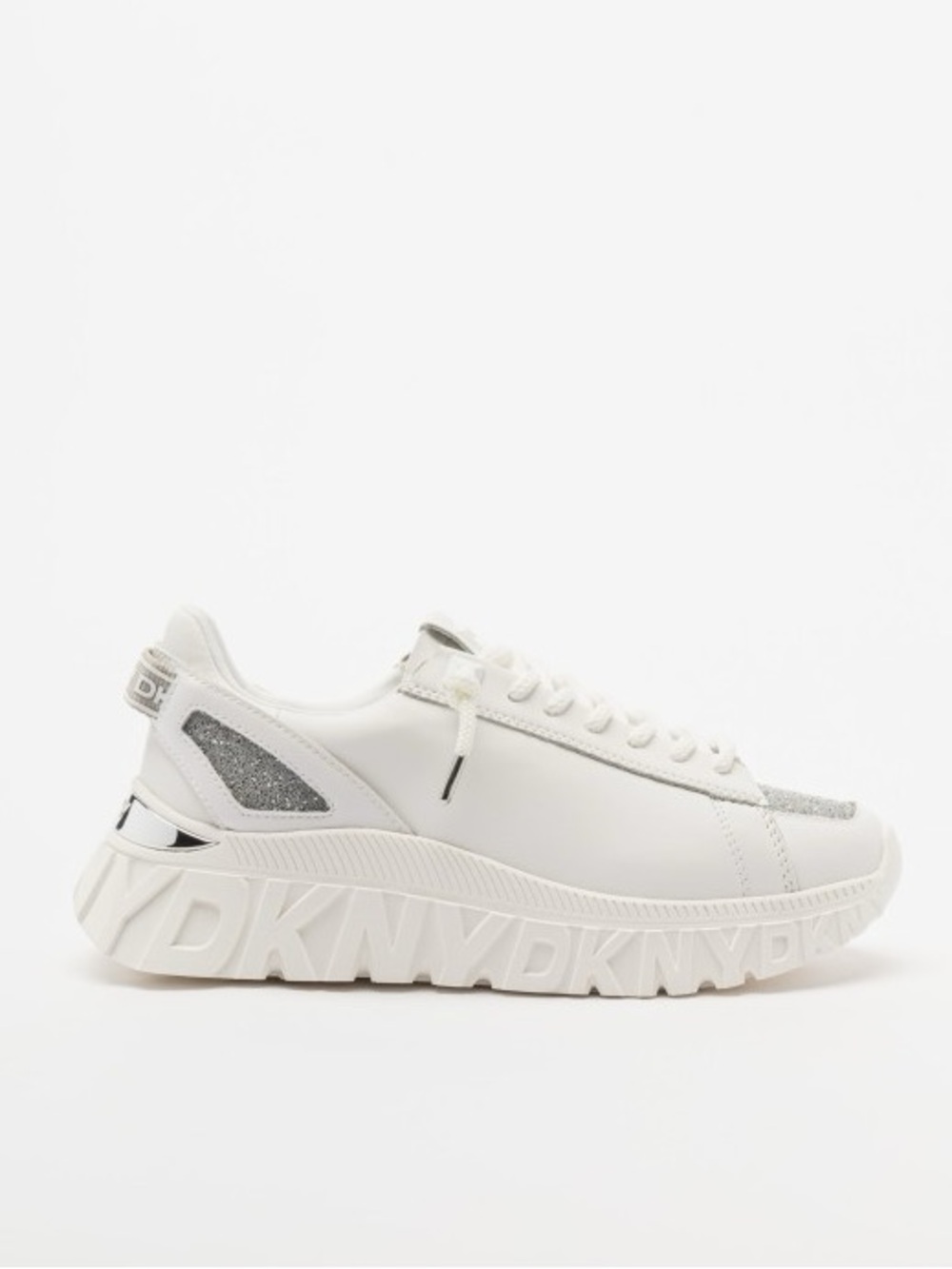 DKNY White & Silver Glitter Lace Up LaCamp Sneakers